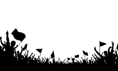 Silhouette of a crowd of supporters with flags and cheers on white background. parties and celebrations.
