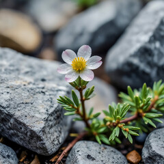 Macro watercolor of a tiny alpine blossom growing in a crack between stones, pelted by cold rain, with blurred evergreen trees in the mist behind