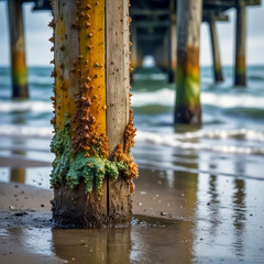 Macro-style watercolor of a barnacle-encrusted pier post in steady rain, soft reflections shimmering in the shallow saltwater below.
