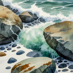 Close-up watercolor of seafoam collecting on the edge of a slick tide-washed rock during rain, fine bubbles interlaced with sea spray and mist