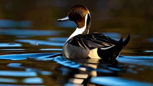 Pintail duck swimming in a calm water pond with blurred background. Wildlife duck with brown head and grey body in a natural lake.