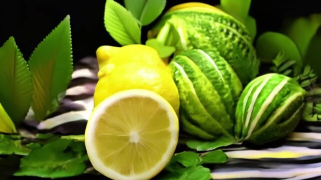 Lemon with leaves for celebration holiday sukkot, abstract vivid composition consists of background