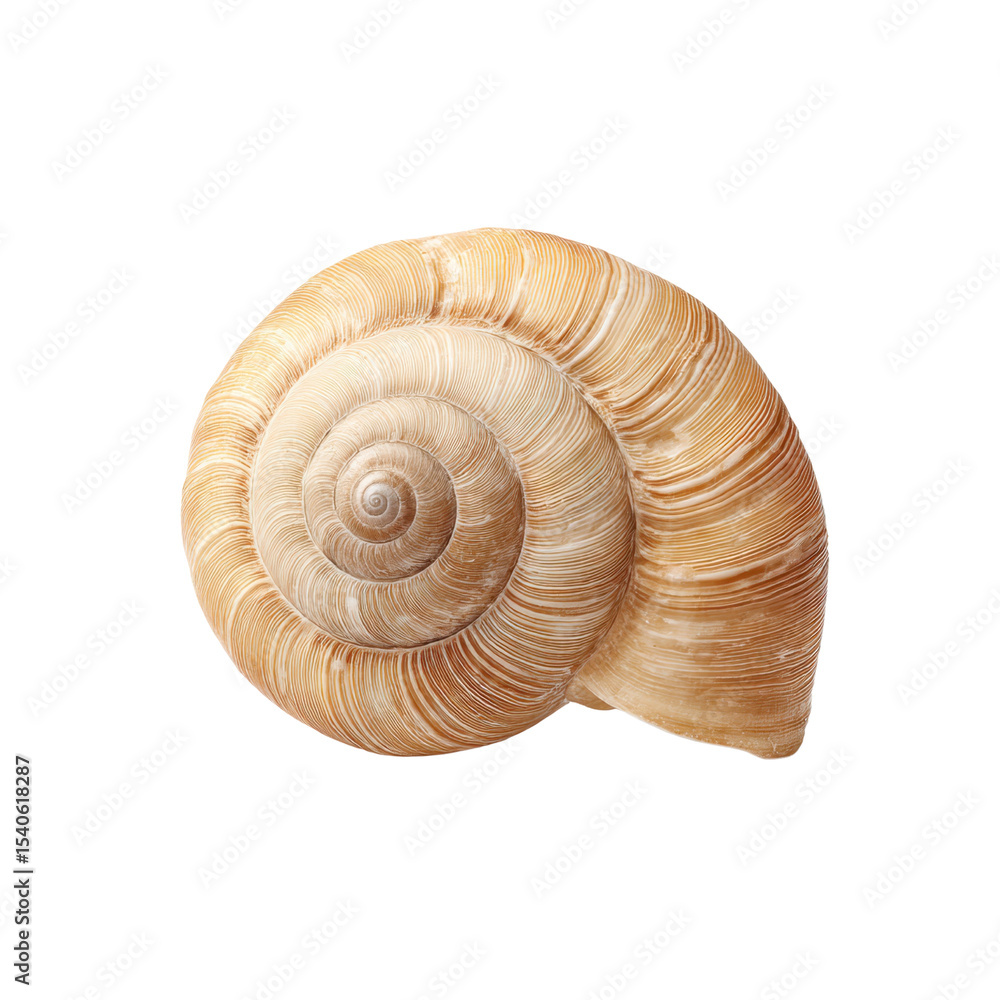 Poster close-up view of a natural spiral shell displaying intricate patterns and soft creamy tones on a whi