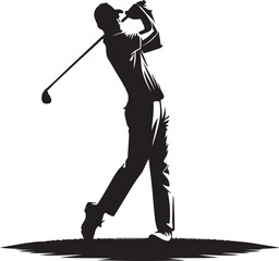 A silhouette of a golfer in mid swing against a white background showing the power and grace of the sport