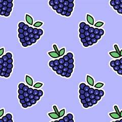 Cartoon seamless pattern of blackberries isolated on purple background.