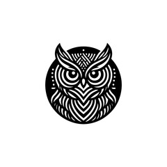 Geometric owl portrait, intricate line art design, black and white, circular frame.