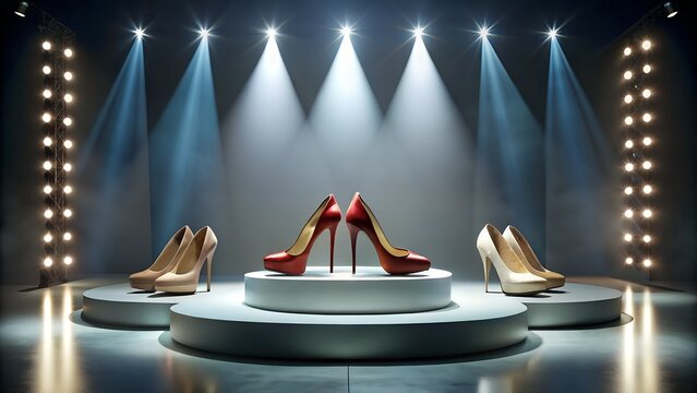 “Fashion runway style podium with high heels and studio lighting”