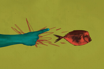 3d poster image full pop art collage of human hand point wild fauna fish swim underwater natural...
