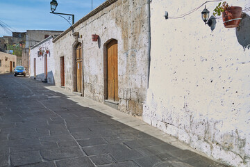 Traditional street architecture in the city of Arequipa, Peru, during the colonial era. Walls built...