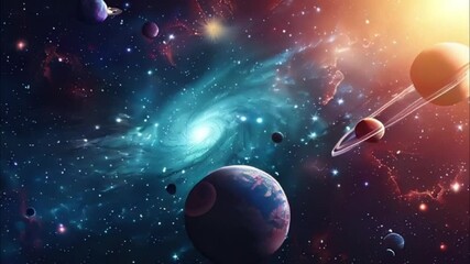 Planets gather in the solar system amidst glowing stars in a vibrant cosmic atmosphere