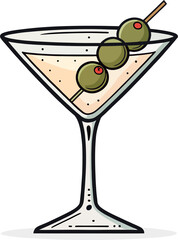 Minimalist Cartoon Martini Glass with Green Olives – Flat Vector Cocktail Icon for Bar or Drink Menu Design