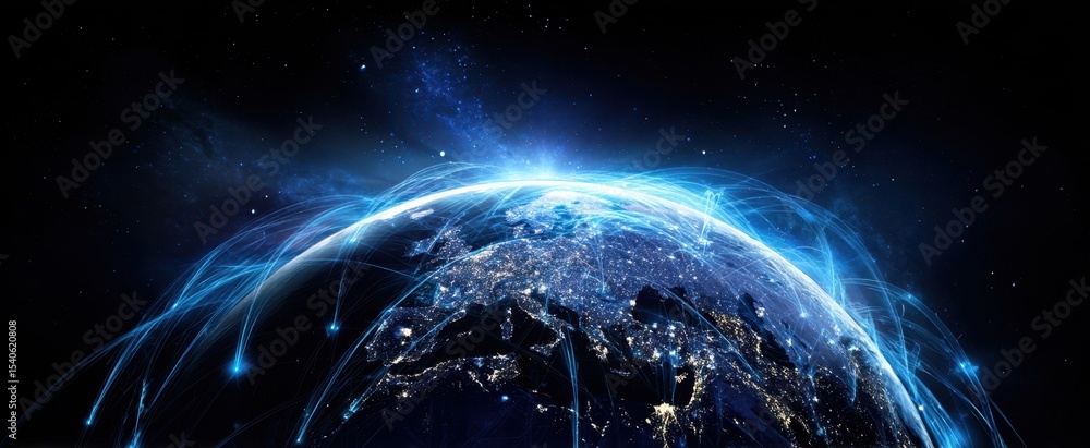 Aufkleber the earth illuminated with digital connections and glowing network lines in space.