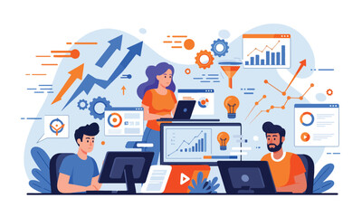 Growth hacking concept – fast-paced digital team with upward arrows and marketing tools vector