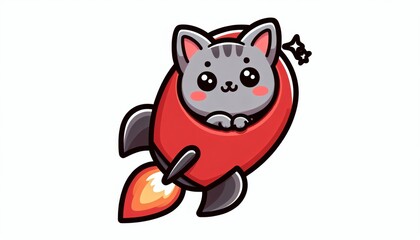 Obraz premium Cute Grey Cat in Red Rocket Ship Flying Through Space