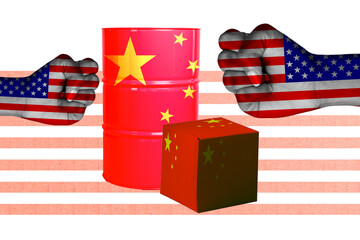 Trend artwork template design 3D collage of hand getsure fist oil barrel box geo politics asia...