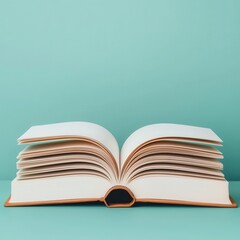 Open book with blank pages on turquoise background for education use