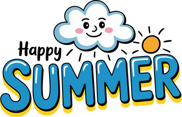 Smiley cloud character beside bold blue happy summer letters in cartoon theme for sky or kids print  