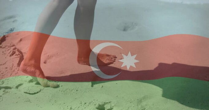 Flag overlay appearing prompts animated legs stepping along shore leaving footprints to mark path