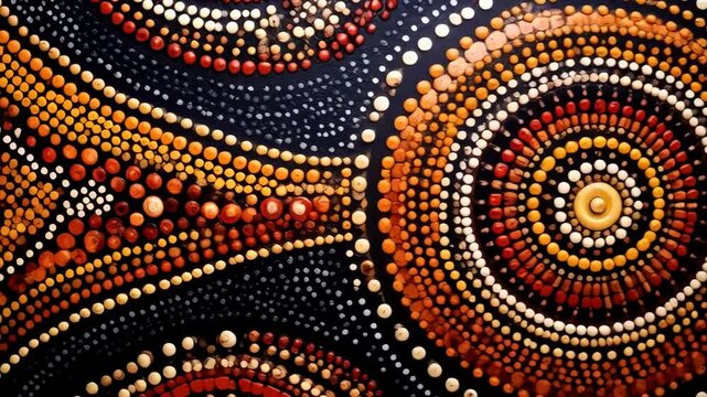 Intricate circular patterns are created using dots and earth-tone colors, evoking a sense of aboriginal art and organic, textured designs.