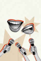 Creative artwork sketch image 3D collage of two mouth lips smile hand hold microphone manipulation...