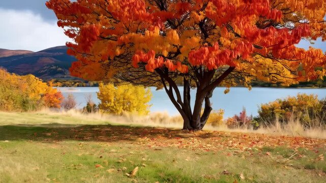 A tree with vibrant autumn leaves overlooks a scenic lake with grassy shores and distant hills in a tranquil natural landscape.