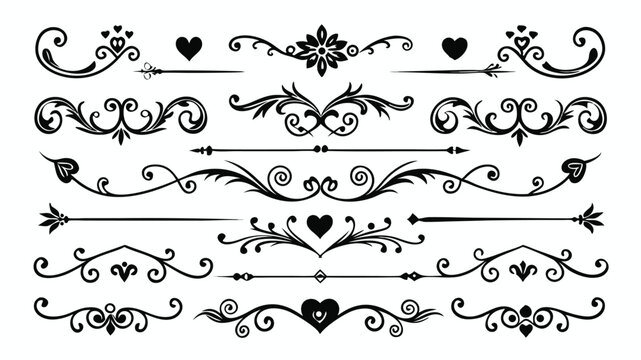 Set of decorative floral design elements with vintage scrolls and ornate borders