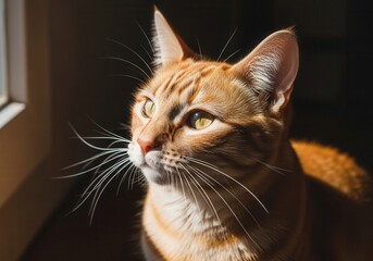 Orange cat gazing sunlit window
