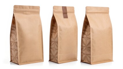 Blank coffee pouch bag mockup. Three stylish, empty kraft paper bags with unique designs, suitable for packaging food or other products.