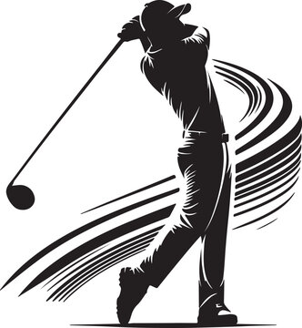 Silhouette of a golfer swinging a golf club with abstract motion lines in black and white style art