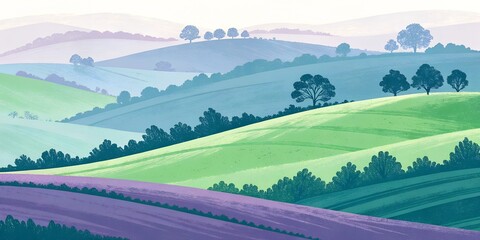 Serene rolling hills landscape with trees
