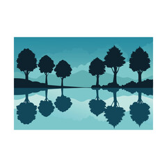 Serene Lakeside Scene Tranquil Silhouette of Trees Reflected in Calm Waters A Peaceful Nature Retreat Illustration