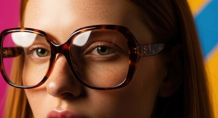 Young woman with oversized glasses on colorful background