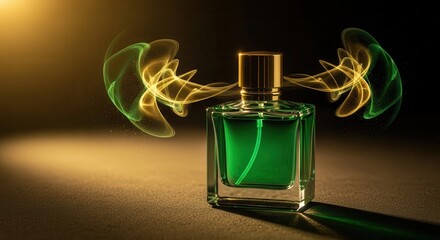 Green perfume bottle with swirling aroma light effects