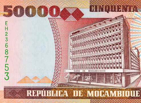 Mozambique 50000 Meticais 2003 banknote with the image of the Banco de Mocambique building in Maputo. Mozambican money