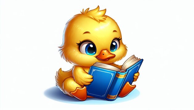 Cute Yellow Duckling Reading a Blue Book