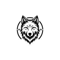 Fototapeta premium Stylish black and white graphic design of a wolf's head, centered in a circular frame.