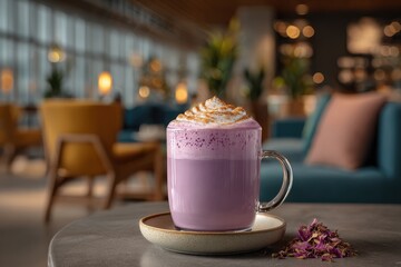 A vibrant purple latte with whipped cream in a clear glass mug, resting on a saucer on a gray table with rose petals, soft cafe lighting, and comfortable seating area.