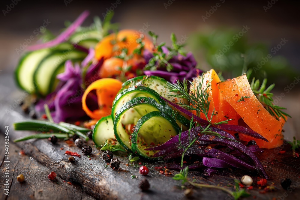 Poster clear macro shot of freshly sliced fermented sour pickles and vegetables arranged appetizingly on a 