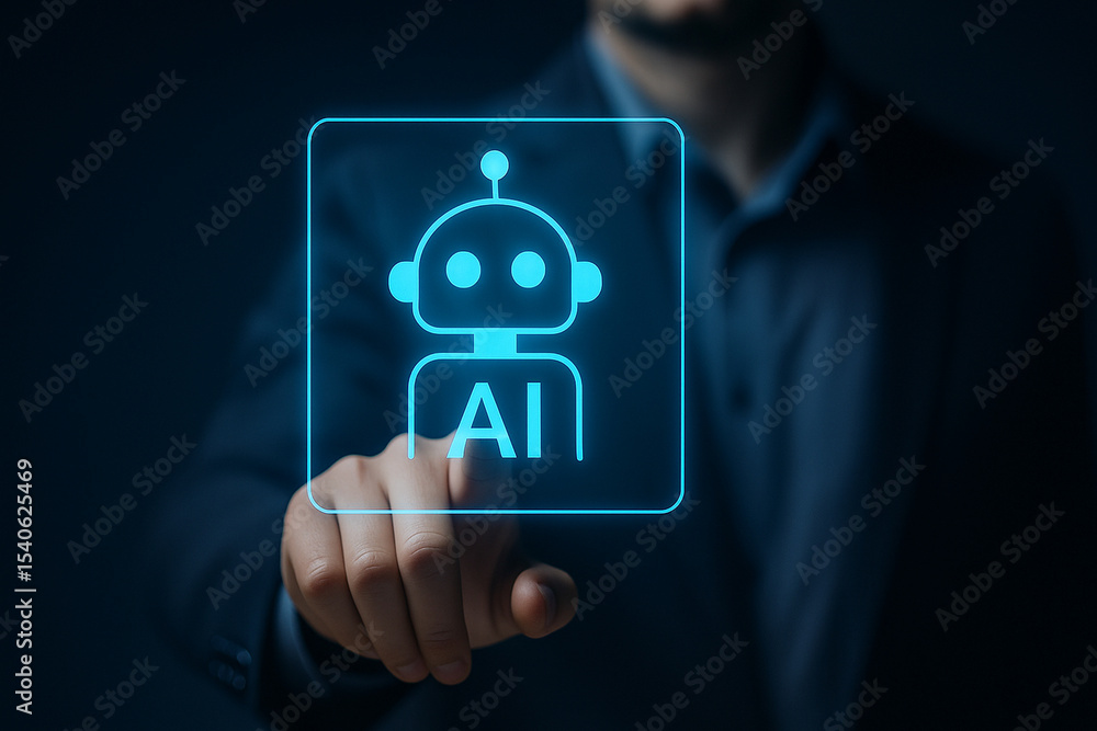 Poster businessman touching virtual ai robot icon on transparent digital screen in futuristic technology in