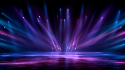 Neon Light and Laser Show on Empty Stage with Copy Space