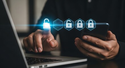 Cybersecurity Concept with Digital Padlocks and User Authentication.Data Security Access with Unlocking Lock on Touchscreen,Unlock Padlock Symbol with Cybersecurity Data Access Concept .