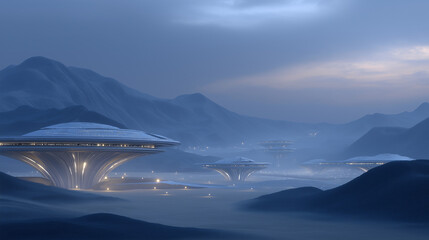 Fototapeta premium Futuristic landscape with alien structures and gentle illumination
