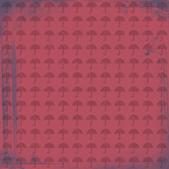 Vintage grunge umbrella pattern on textured red background. Retro rainy weather design, distressed decorative texture ideal for autumn or scrapbook themes.