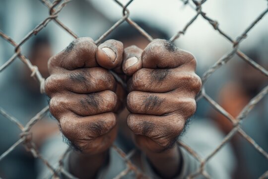 A pair of hands gripping a wire fence, depicting concepts of incarceration, captivity, longing for freedom, and the human struggle for liberation in harsh conditions.