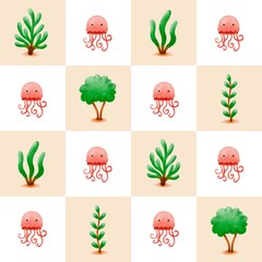 ‪Seamless watercolour jellyfish and seaweed pattern pattern on checkerboard background – cute ocean illustration for kids‬