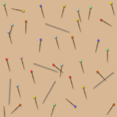 Seamless pattern of colorful push pins scattered on a beige background, playful craft and office supply design ideal for stationery, scrapbooking, school themes, textiles, and graphic projects.
