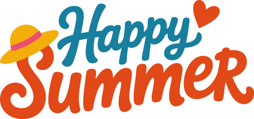 Handwritten red and teal summer script with hat and heart icon for fun seasonal holiday vibe on white background  
