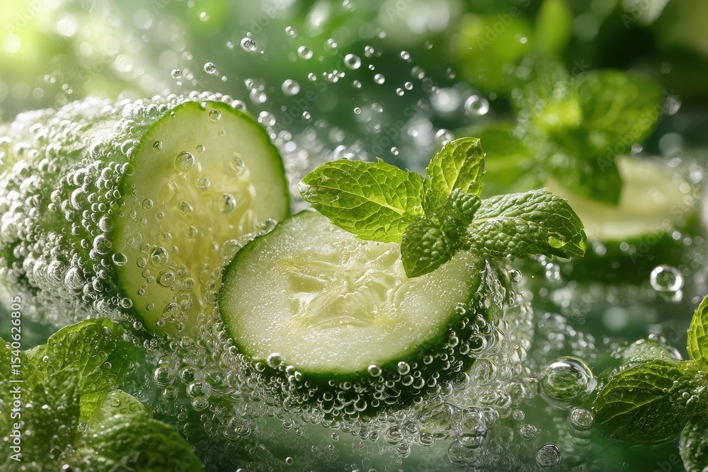 Aufkleber refreshing cucumber and mint infused sparkling water with bright green hues, bubbles surrounding fre