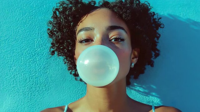 Young woman making bubblegum bubbles on turquoise background.Fashionable young woman blowing bubblegum bubbles on a turquoise background