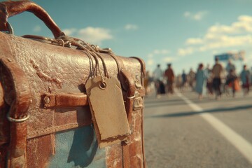 An old leather suitcase with attached blank tags sits by a road filled with people, the vintage travel case evokes a sense of journey and adventure, against a summer sky backdrop.